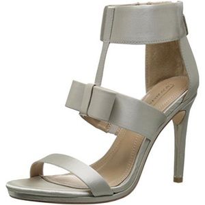 BCBGMaxAzria Gale Champaign Satin Heel with Leather Bow Straps | Size 7.5